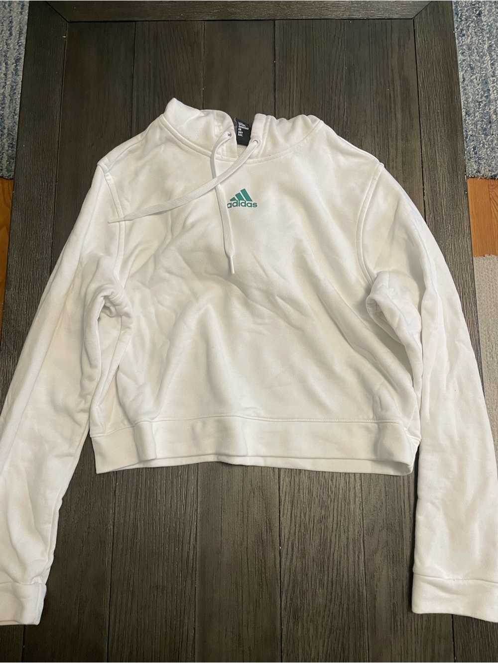 Adidas White Cropped Hoodie with Teal Stripe Large
